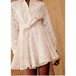 Sezane Cream Eyelet Long-Sleeve Tie-Waist Mini Dress
